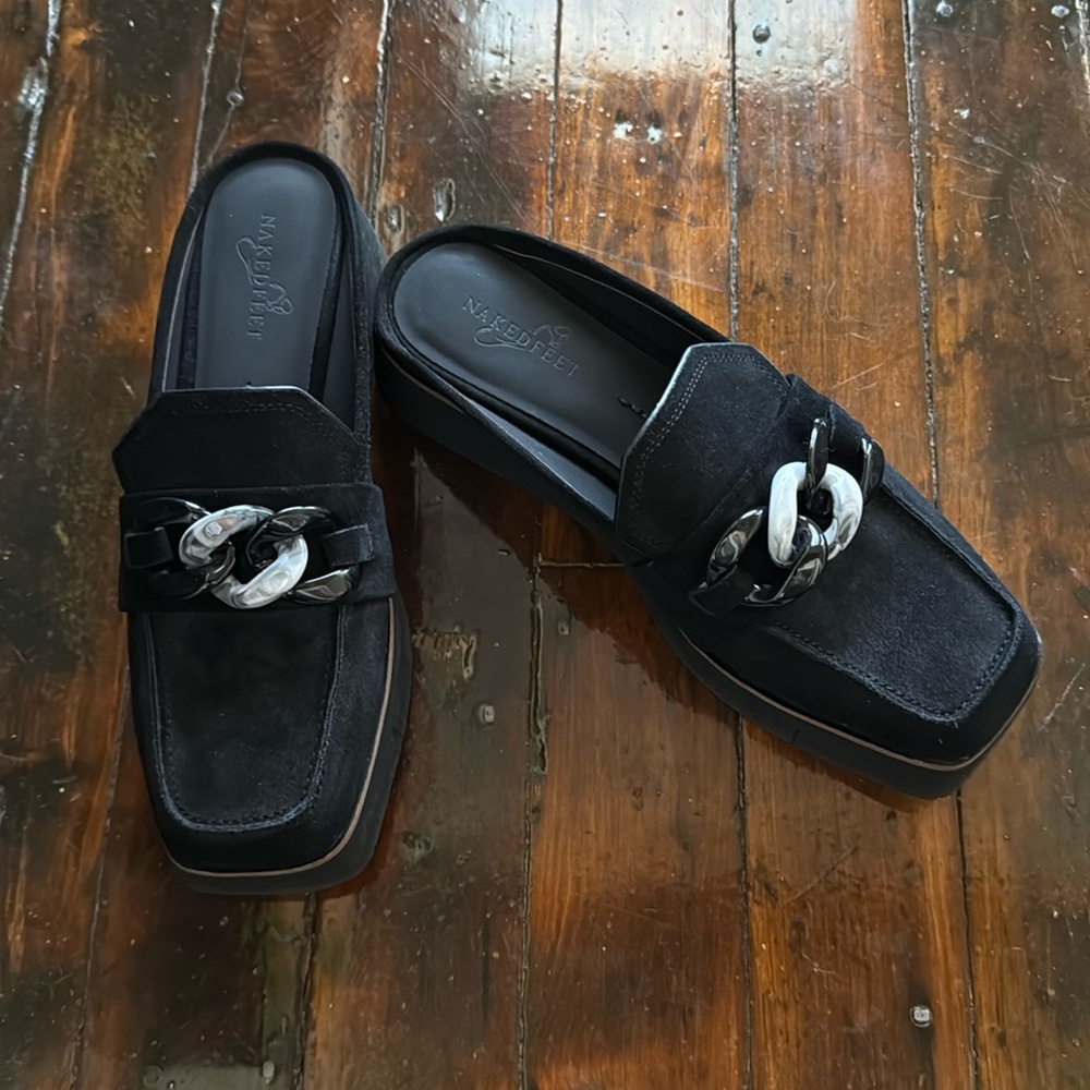NAKED FEET black suede platform mules size 9